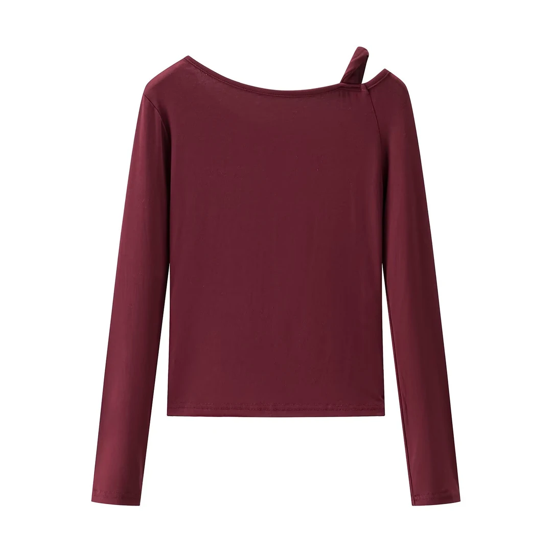 QY5838秋季新款时尚设计感假两件斜肩吊带长袖T恤小众修身上衣