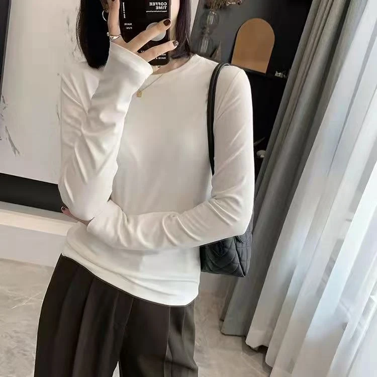 秋冬圆领2025年韩版显瘦百搭修身内搭纯色打底衫女装白色长袖T恤