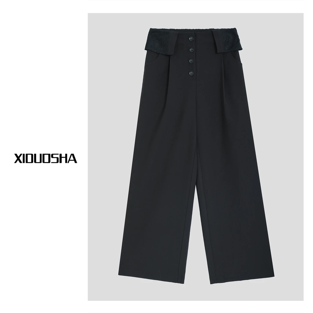 XIDUOSHA/喜朵莎原创设计款腰布拼接蕾丝纽扣西装直筒裤XDS1139