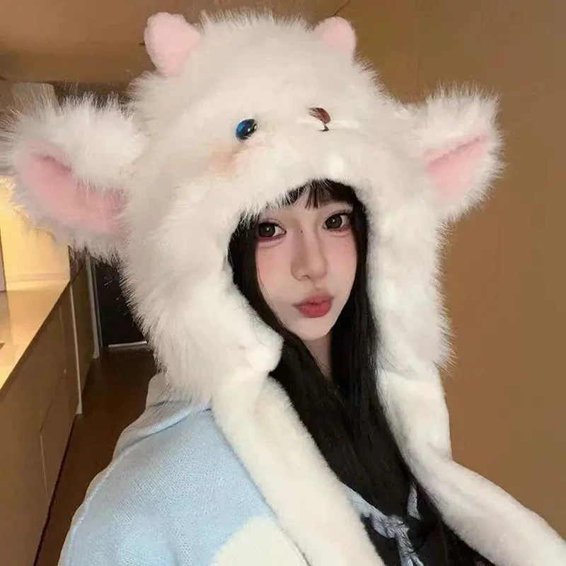 2025新款卡通小羊加绒加厚帽子女保暖捏耳朵会动护耳骑车雷锋帽