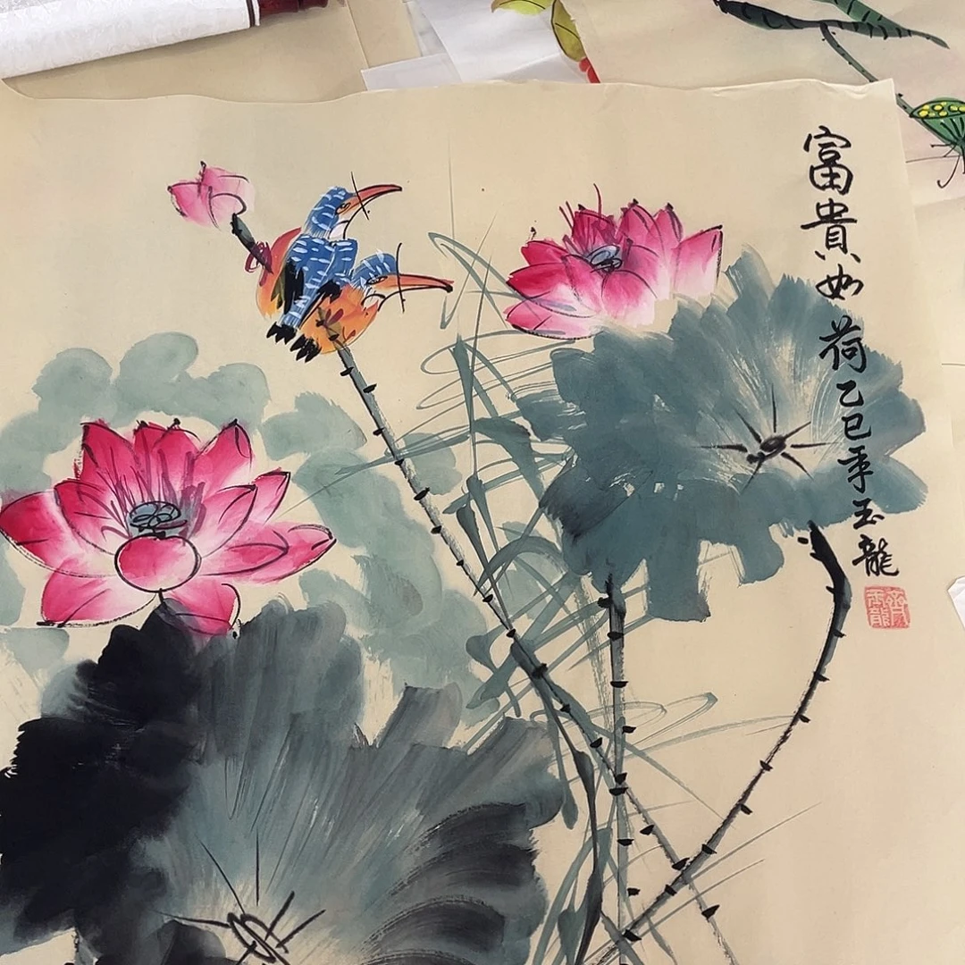 国画国画作品书法作品原稿荷花鸟