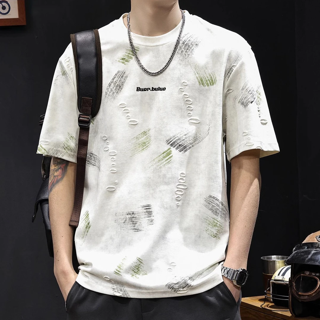 Cebrodz重磅提花破洞潮牌短袖t恤男士夏季2025新款大码高端体恤