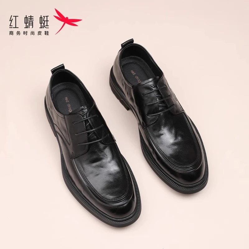 红蜻蜓皮鞋2025新款牛皮休闲真皮正装百搭时尚软底系带商务德比鞋