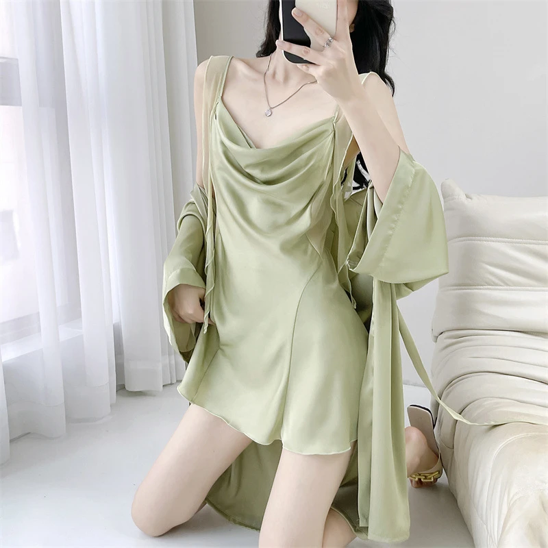 春夏季新款露背长袖睡衣女士吊带睡裙吊带裙薄款性感带胸垫睡衣