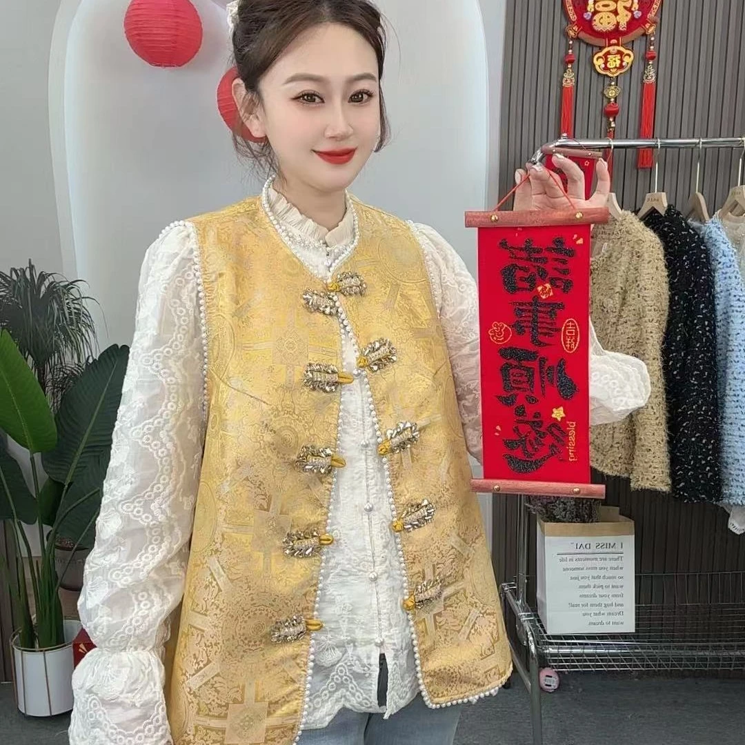 圆领提花中国风复古立领ins马甲春季马夹立体装饰马甲重磅