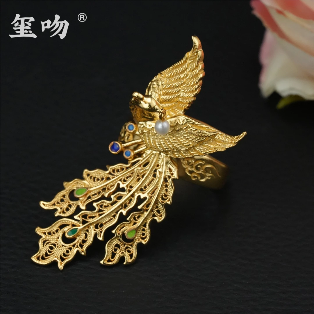 925银戒指 【玺吻】s925银  凤凰戏珠 国风手工花丝凤凰戒指 活口戒