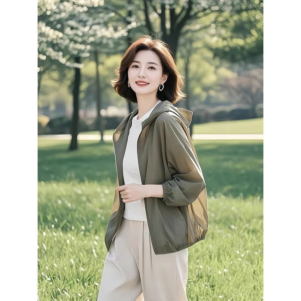 夏季新款时尚宽松百搭连帽轻薄空调衫防晒衣宽松大码薄款短外套女