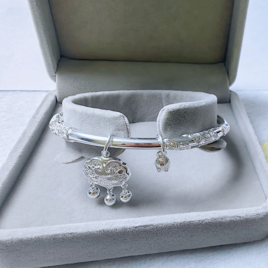 足银手镯 999.9繁花似锦实心圆棍吊莲蓬锁包古风时尚百搭款