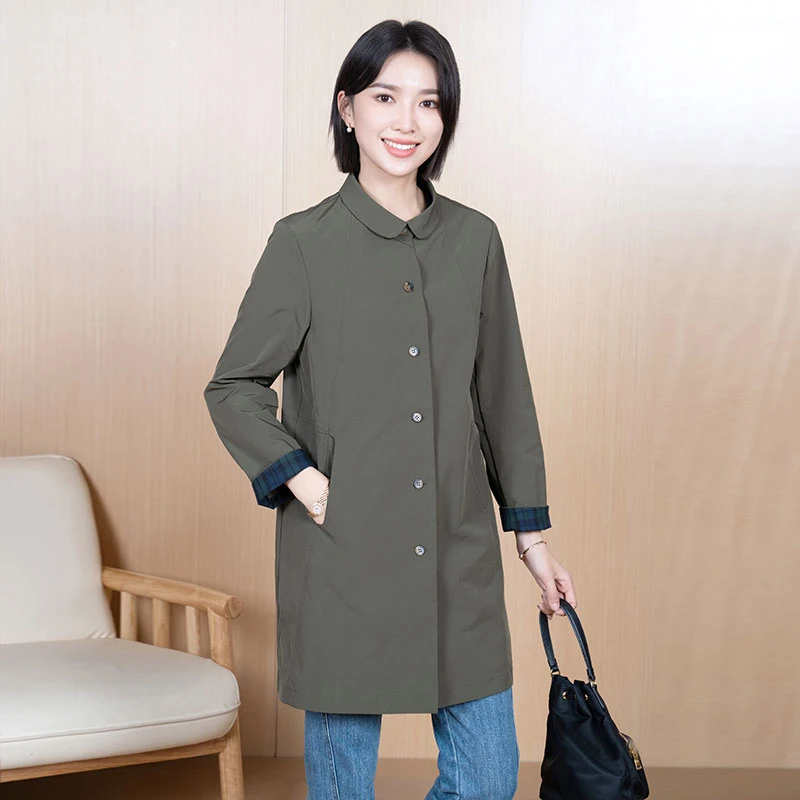 2025春新款中长风衣女纯色单排扣小翻领宽松百搭遮肉显瘦气质外套