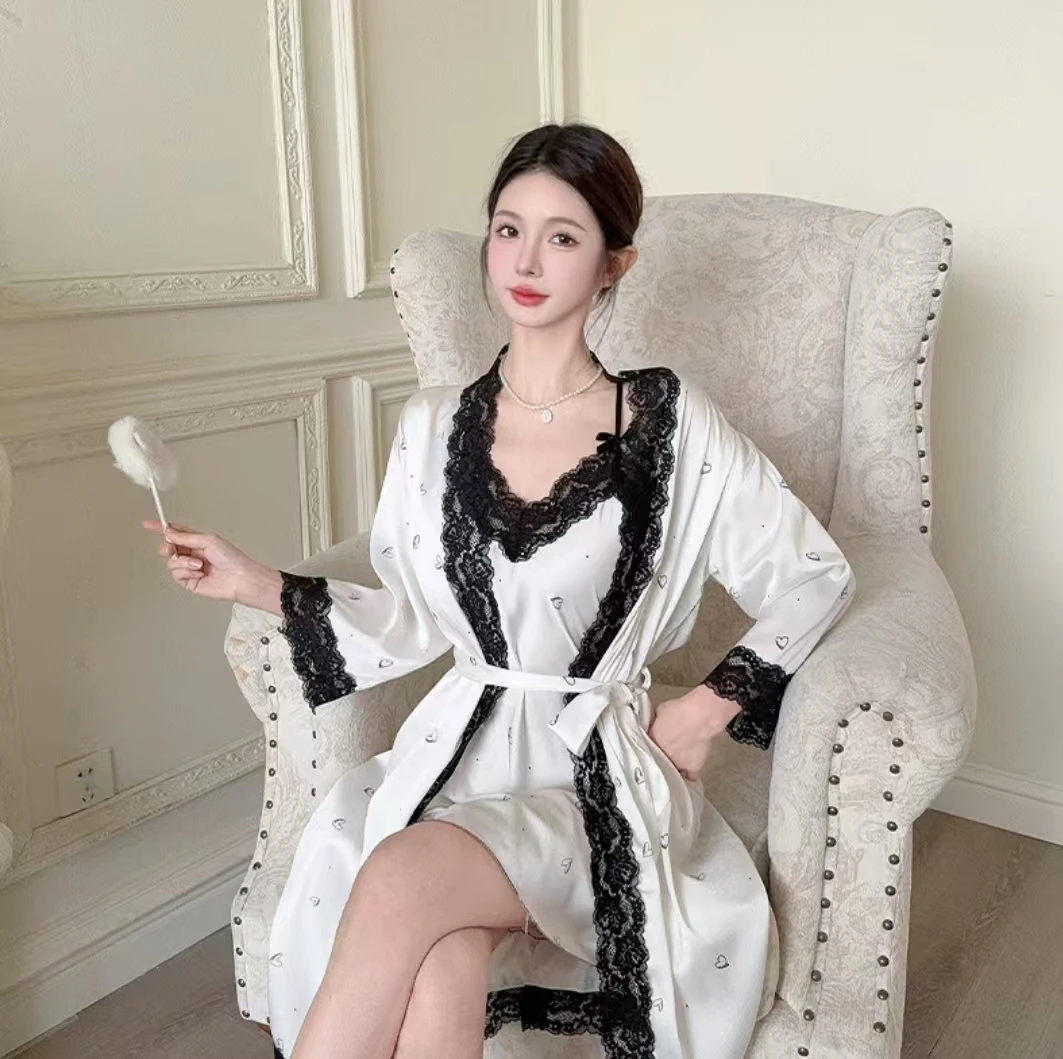 夏季甜美性感女薄款居家吊带睡裙睡袍系带法式慵懒风