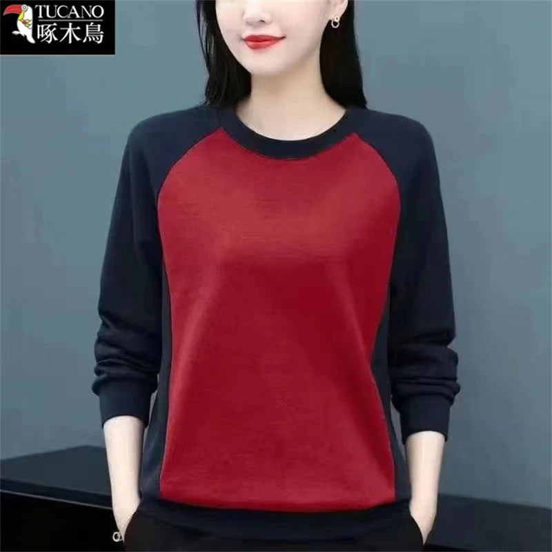 啄木鸟正品圆领长袖撞色T恤女2025年新款秋季大码时尚印花上衣ins