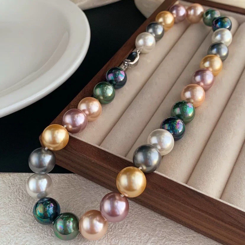 高品质女彩色珠珠项链正圆无暇锁骨链渐变色优雅气质，高端大气