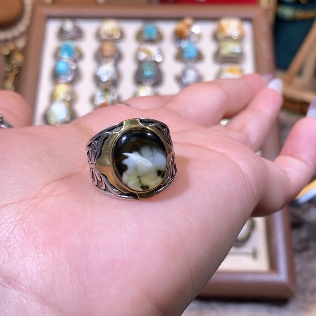 琥珀戒指银S925镶嵌洗****星戒指