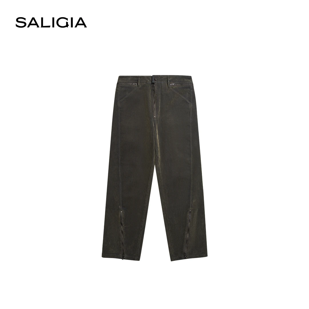 【新品】SALIGIA窥视者流光绒面棉织物真牛皮革徽标牛仔弯刀长裤