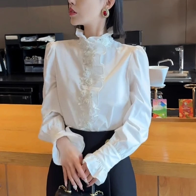 法式白色木耳边衬衫女士2025春季新款高级感轻奢洋气减龄立领上衣