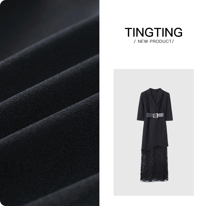 PANG TINGTING“温柔暴击”蕾丝显瘦气质高腰时尚日常拼接连衣裙