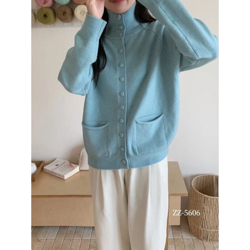 秋季新款女士针织衫外套百搭纯色休闲单排扣开衫上衣5606