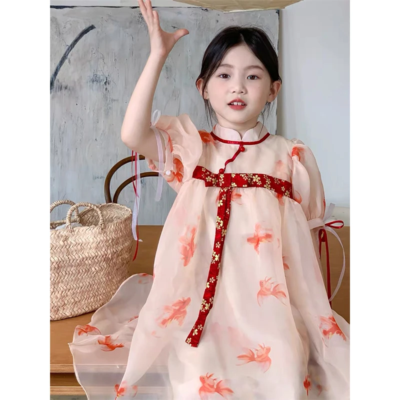 【本妈】"沉鱼落雁"中国风女童泡泡袖印花网纱连衣裙28008 25