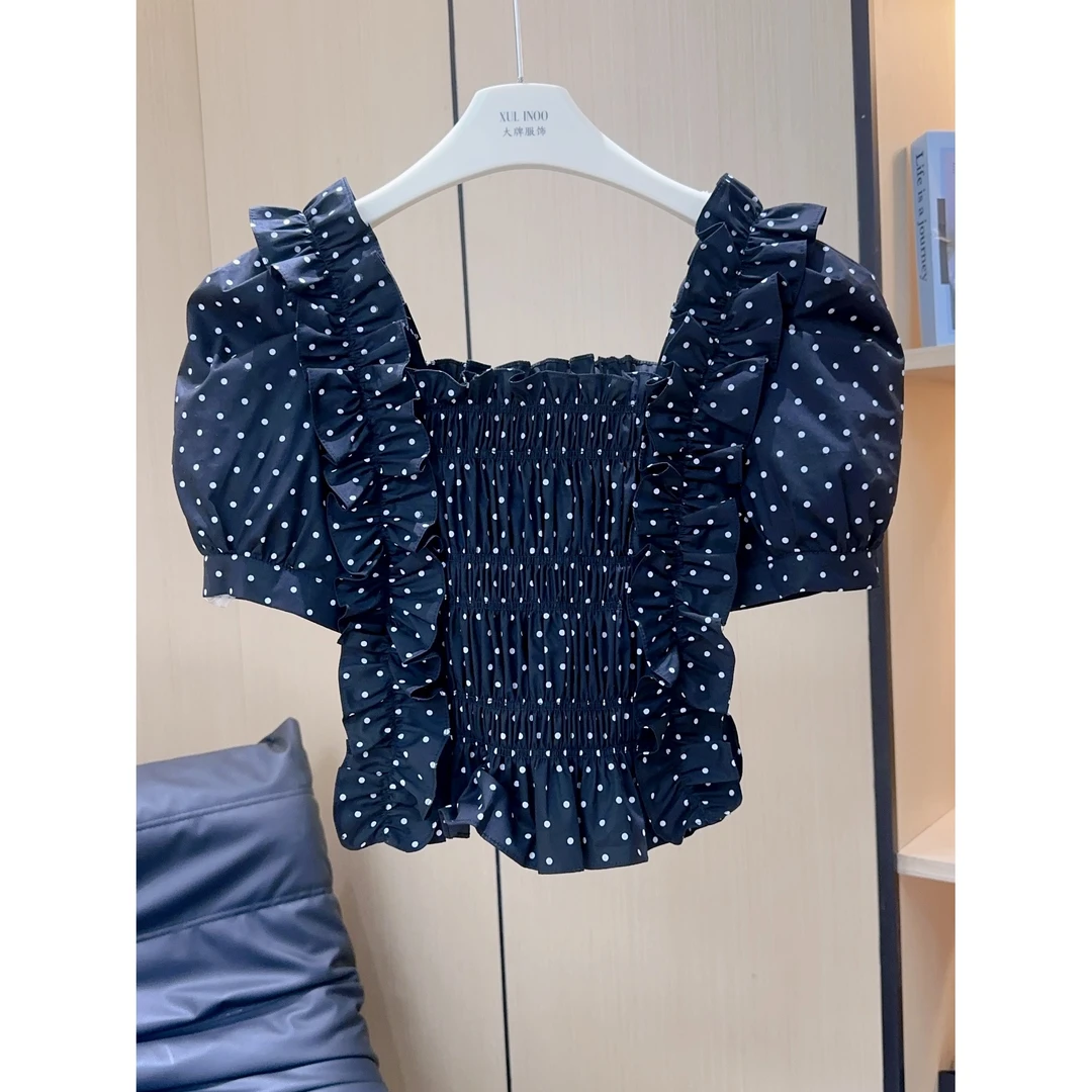 丨夏季新款黑色波点短款泡泡袖衬衫 QJR0339