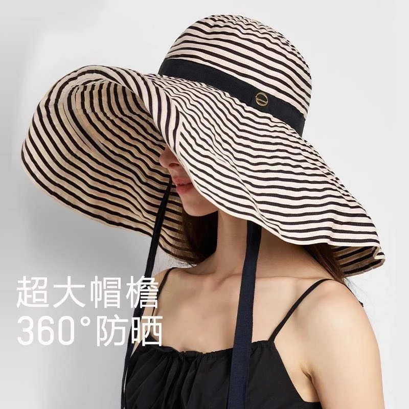 条纹大帽檐帽子女夏季可折叠凹造型遮阳帽户外防紫外线渔夫帽