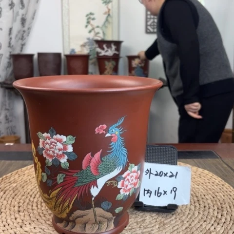 紫砂花盆大红袍全手工凤凰手绘