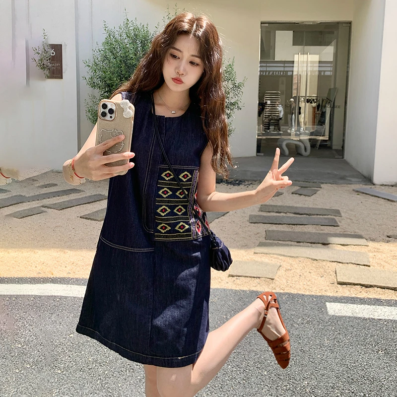 复古民族风印花薄款无袖牛仔裙夏季新款小个子休闲显瘦连衣裙女