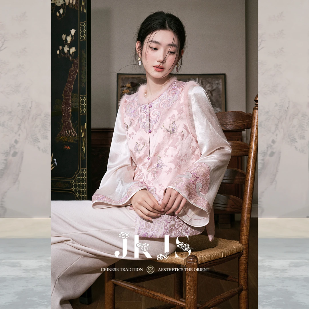 JKJS【盈蝶绕】人丝提花马甲外穿冬新中式绵羊毛填充保暖水貂毛