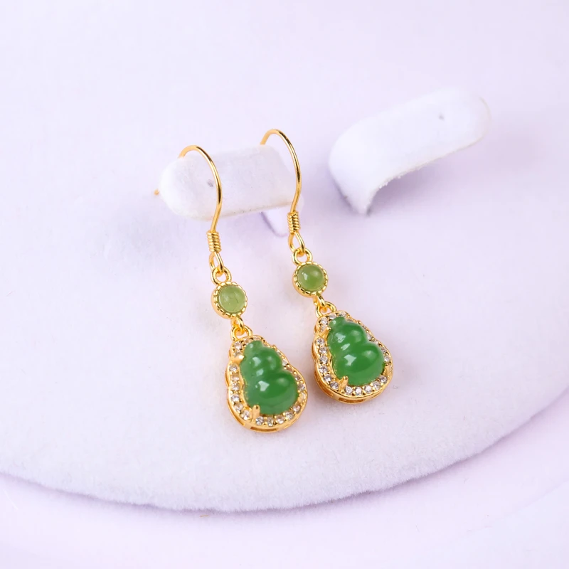 碧玉阳绿色葫芦s925银镶嵌耳坠豪华满钻天然和田玉（多样性发其一）