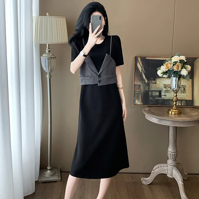 设计感拼接假两件短袖连衣裙女2025新款夏季气质收腰显瘦黑色裙子