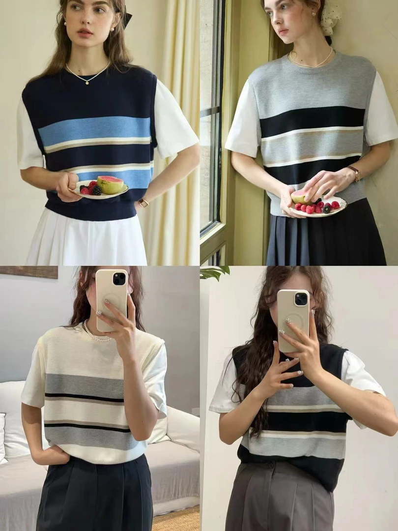 1028 假两件条纹针织短袖