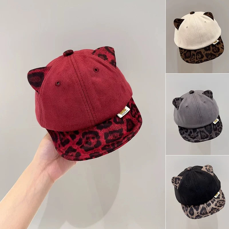 儿童帽子秋冬季防风时尚鸭舌帽男女宝宝出游春秋款猫耳豹纹棒球帽