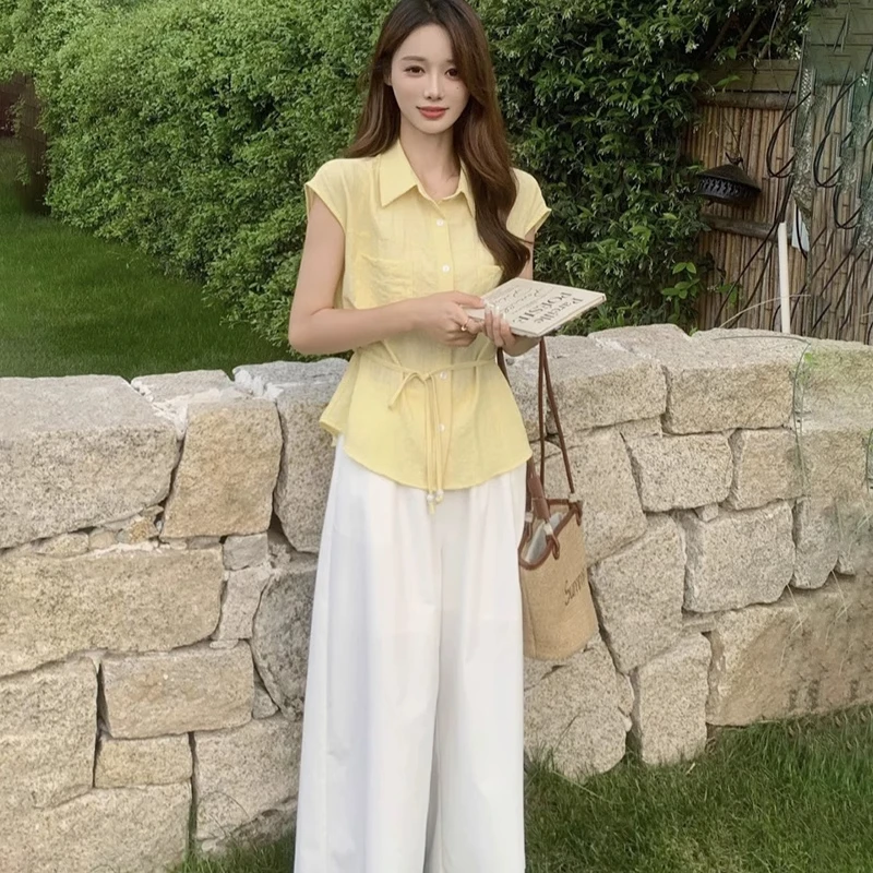 拉夏贝尔衬衫套装女2025夏季新款时尚气质显瘦小个子阔腿裤两件套