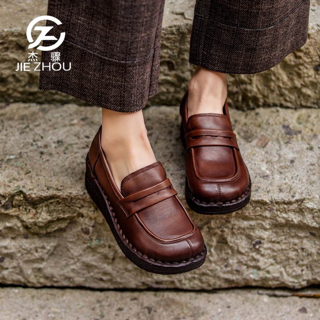 杰骤春秋款厚底坡跟真皮女鞋复古一脚蹬深口单鞋头层牛皮妈妈皮鞋