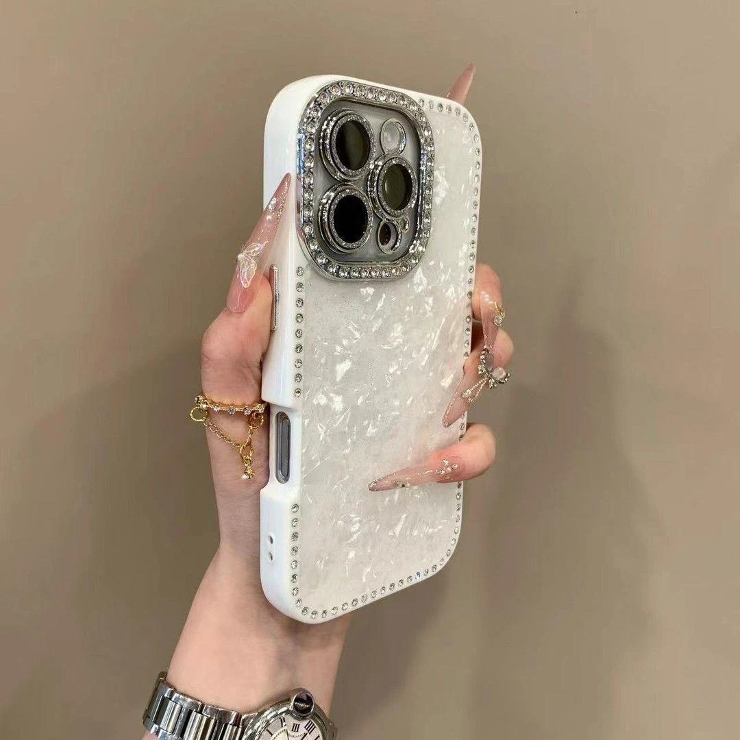 轻奢奶油粉贝壳纹闪钻适用iPhone16promax手机壳15pro个性14防摔