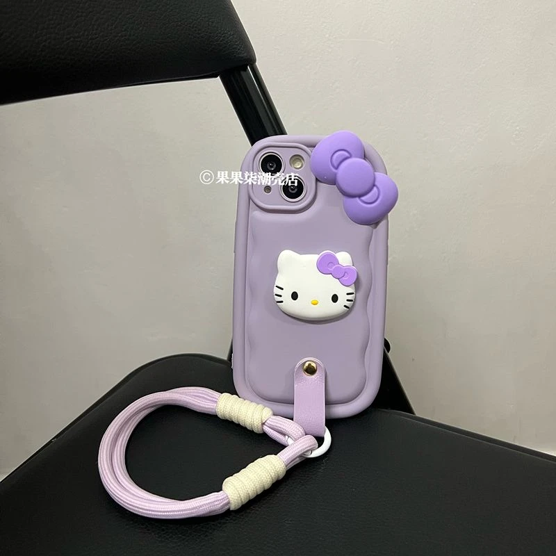 可爱香芋紫kt蝴蝶结iPhone16promax手机壳挂绳苹果15腕带14/13/12