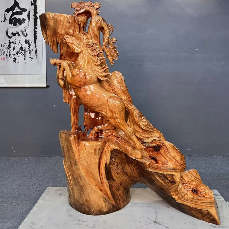 木雕马摆件精品十二生肖马到成功实木雕刻客厅招财大型根雕艺术品