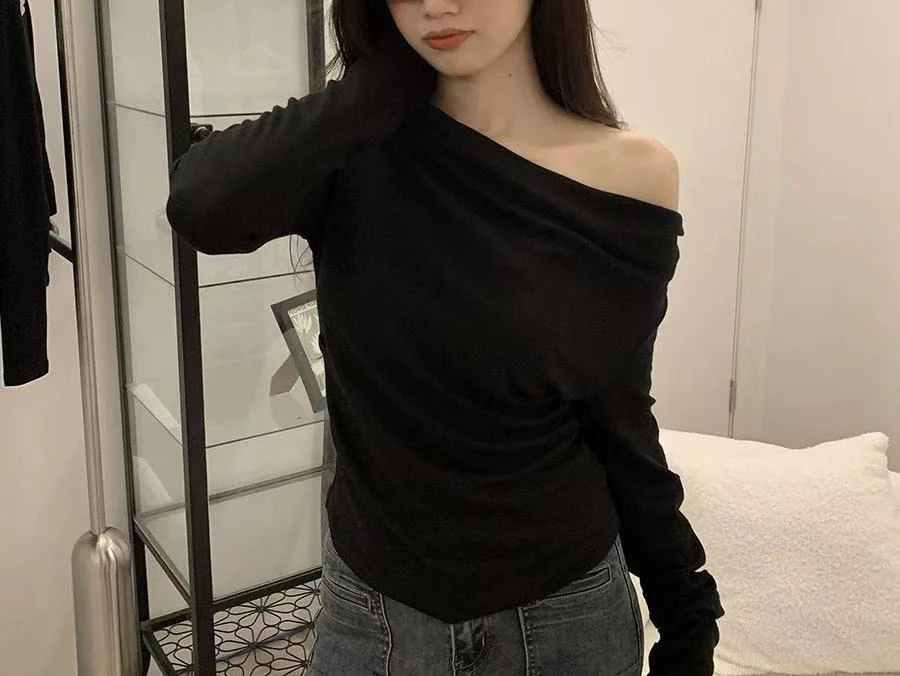 妞总家2515斜肩长袖T恤简约显瘦时尚气质高领内搭