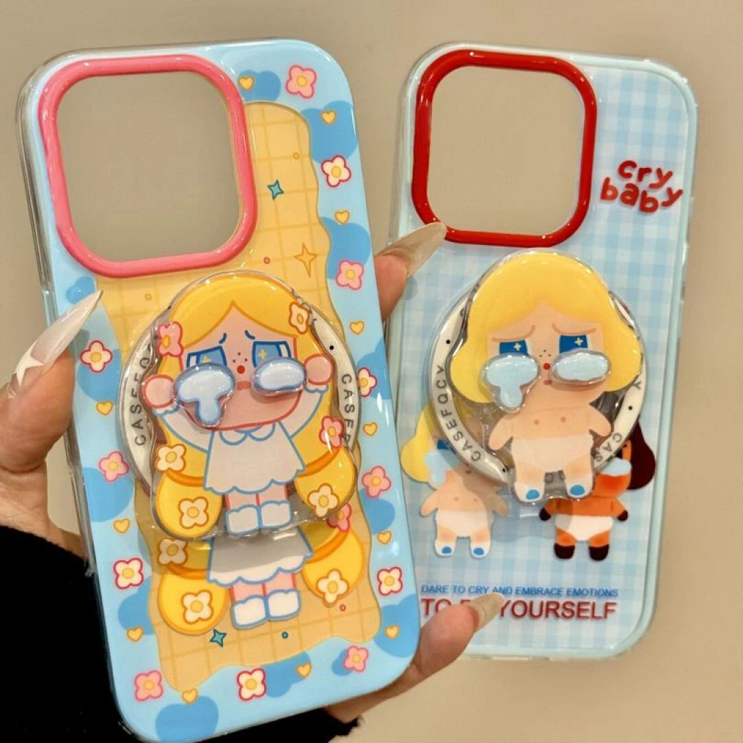 可爱格纹花边长发哭娃磁吸支架适用iPhone17promax手机壳16/15