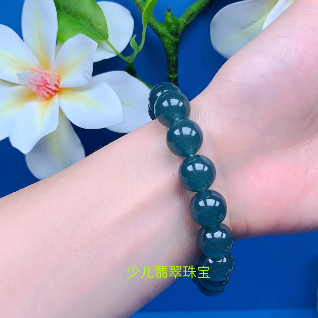 翡翠手串男女同款天然A货正品带证书蓝水大尺寸圆珠手链卡12mm