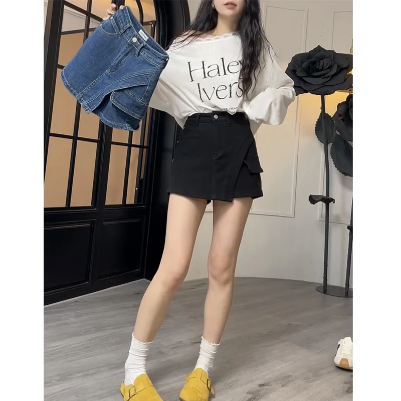 萱贝纯高腰显瘦insA字牛仔短裤女夏季新款网红辣妹百搭时尚裤裙子