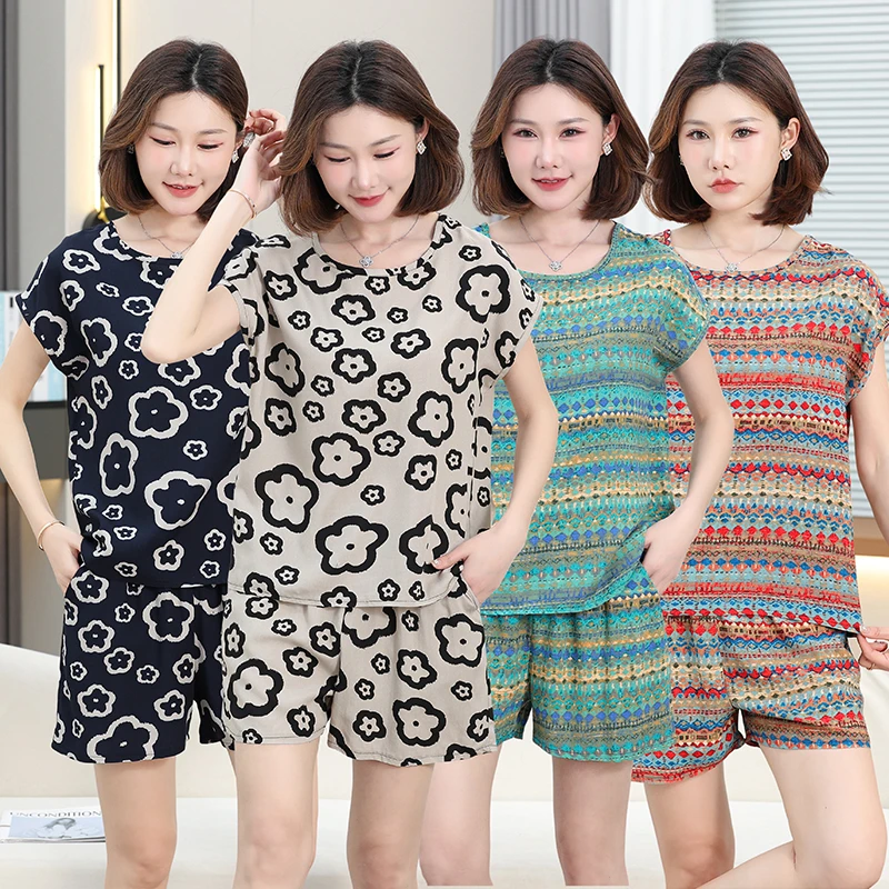 夏季绵绸短袖短裤两件套爆款薄款人造棉新款宽松休闲睡衣家居服