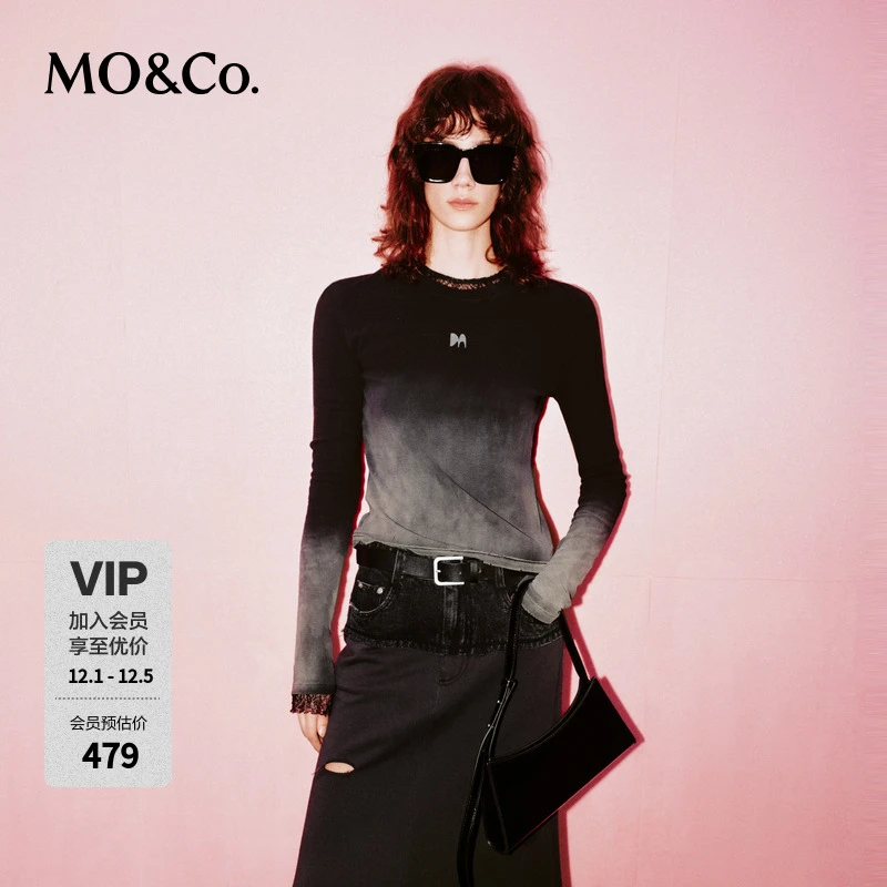 MOCO春季扎染渐变灰M标坑条纹修身收腰长袖T恤MBD1TEEK12