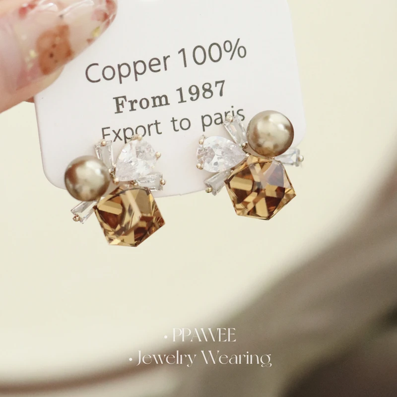 合金耳饰 咖啡方糖|法式气质方糖耳环独特彩色锆石耳钉轻奢高级感