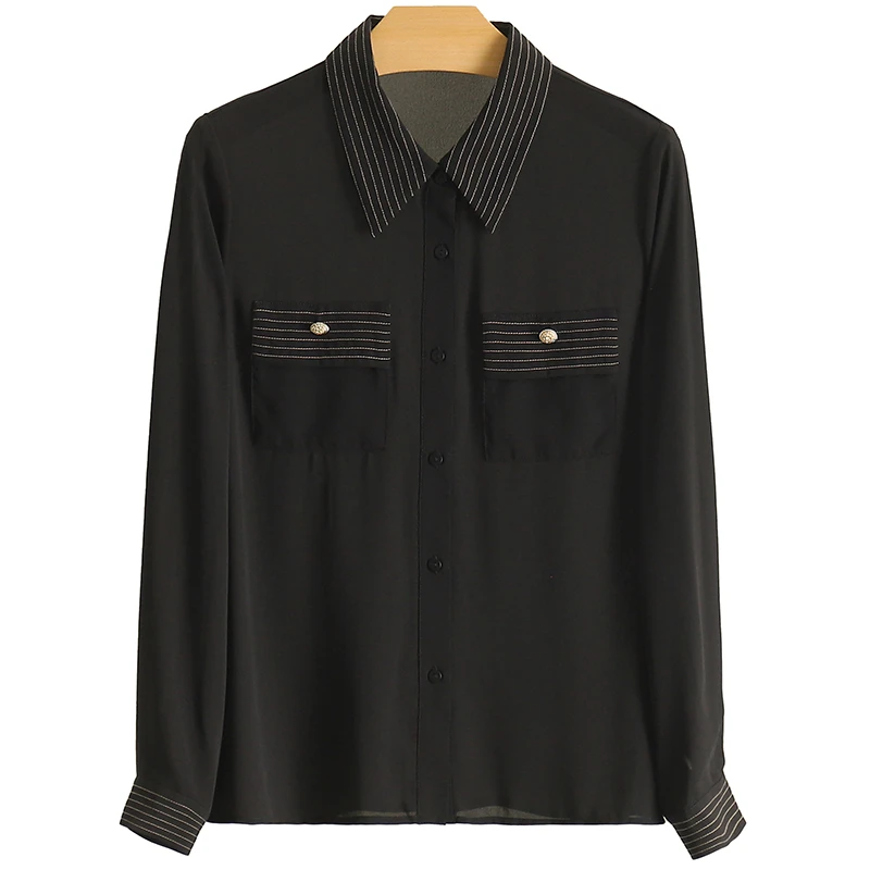 【伍莎-自营】条纹宽松舒适长袖方领百搭衬衫