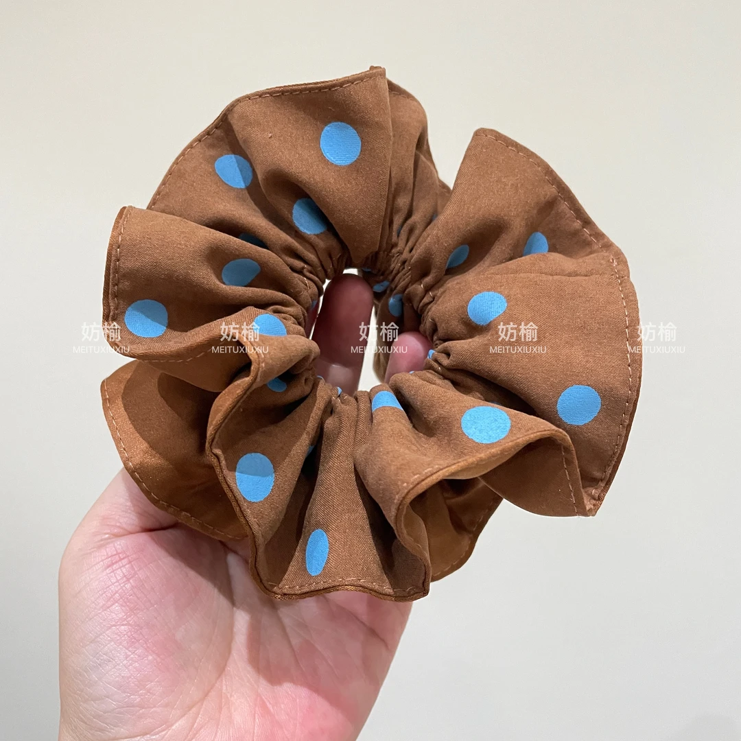 CQ025韩系复古咖色蓝波点撞色大肠发圈女日常通勤丸子头马尾发饰