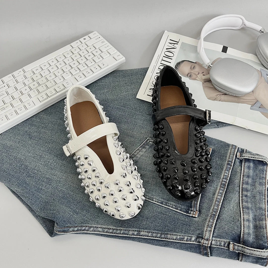 【唯品专属】9112-7玛丽珍女鞋2025新款平底柳钉女单鞋