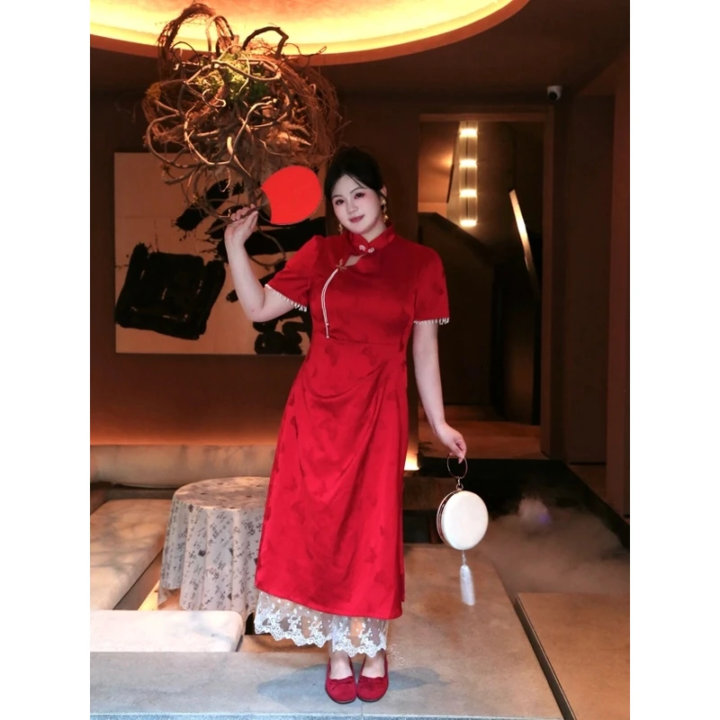 哒头.Studio【红羽蝶】微胖大码2024年新款新中式改良旗袍连衣裙女