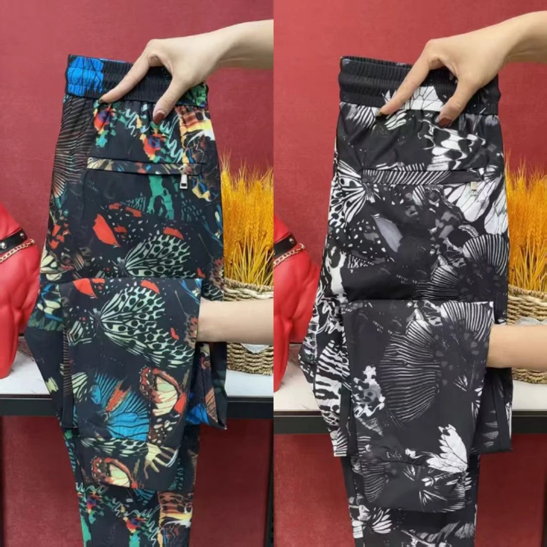 夏季男士百搭提花蝴蝶冰凉休闲束脚裤长裤