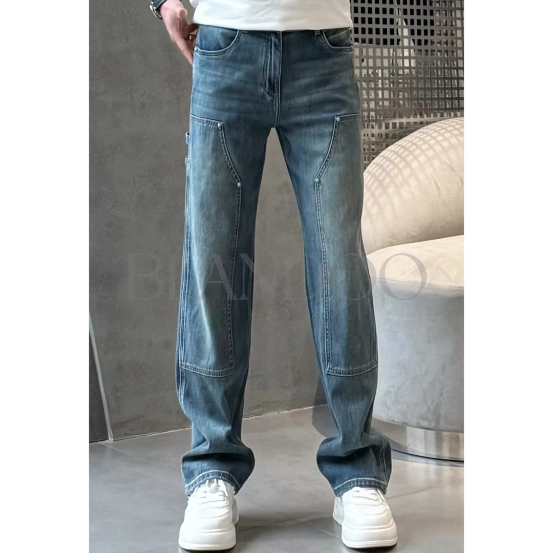 BLANDOO “时髦帅气” 男士百搭设计感复古水洗蓝牛仔裤6635
