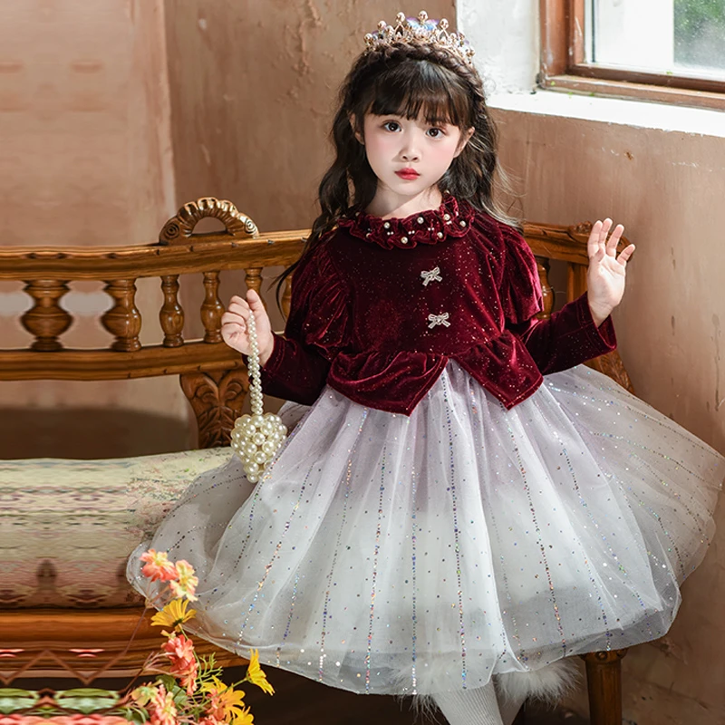 女童公主裙秋装新款法式儿童泡泡袖丝绒裙女宝宝春秋季网纱连衣裙